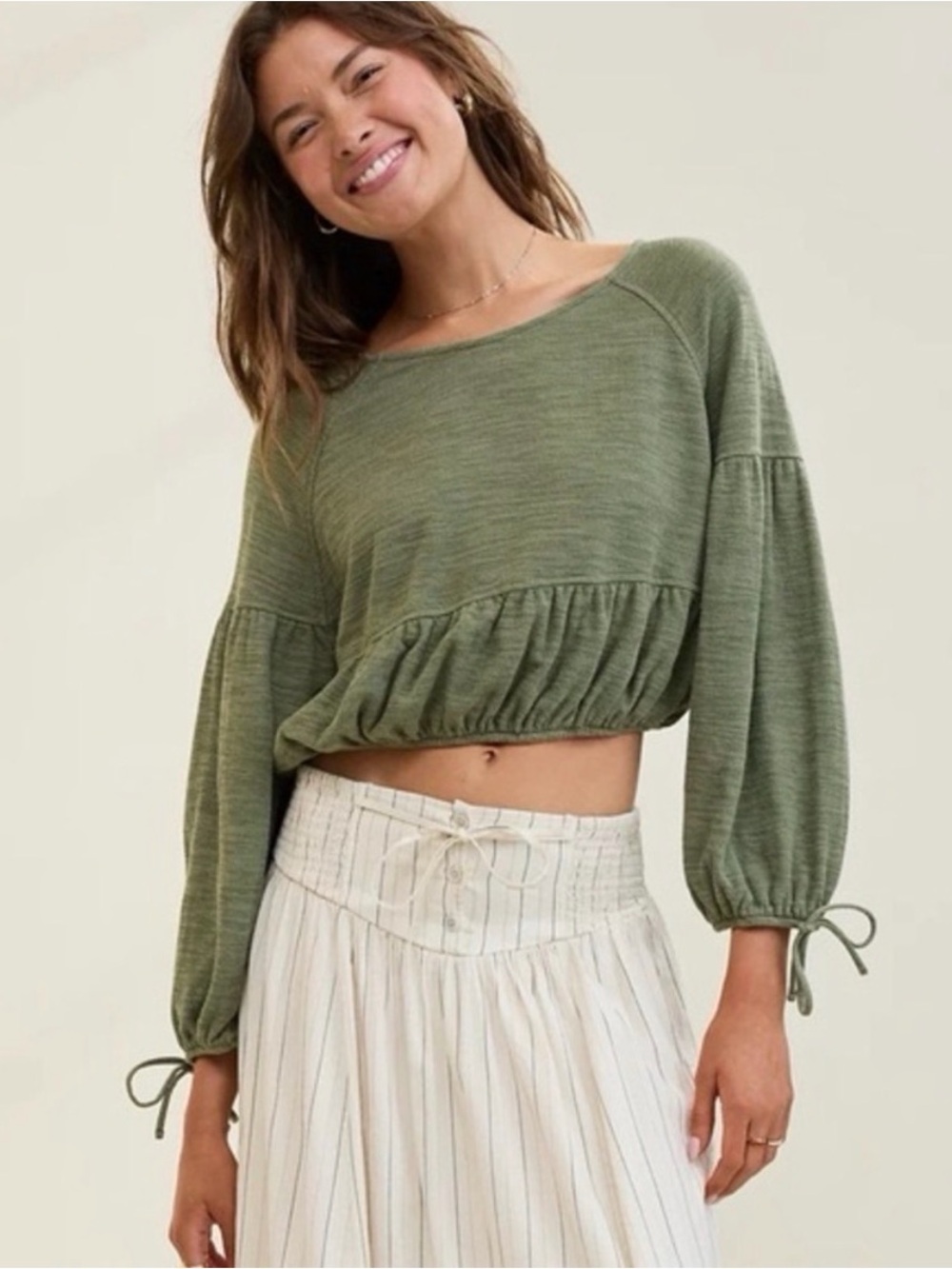 Aerie Endless Summer Cropped Sweatshirt Olive Green Size Medium